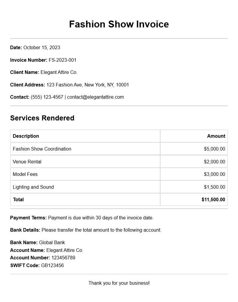 Fashion Show Invoice Samples for Seamless Billing