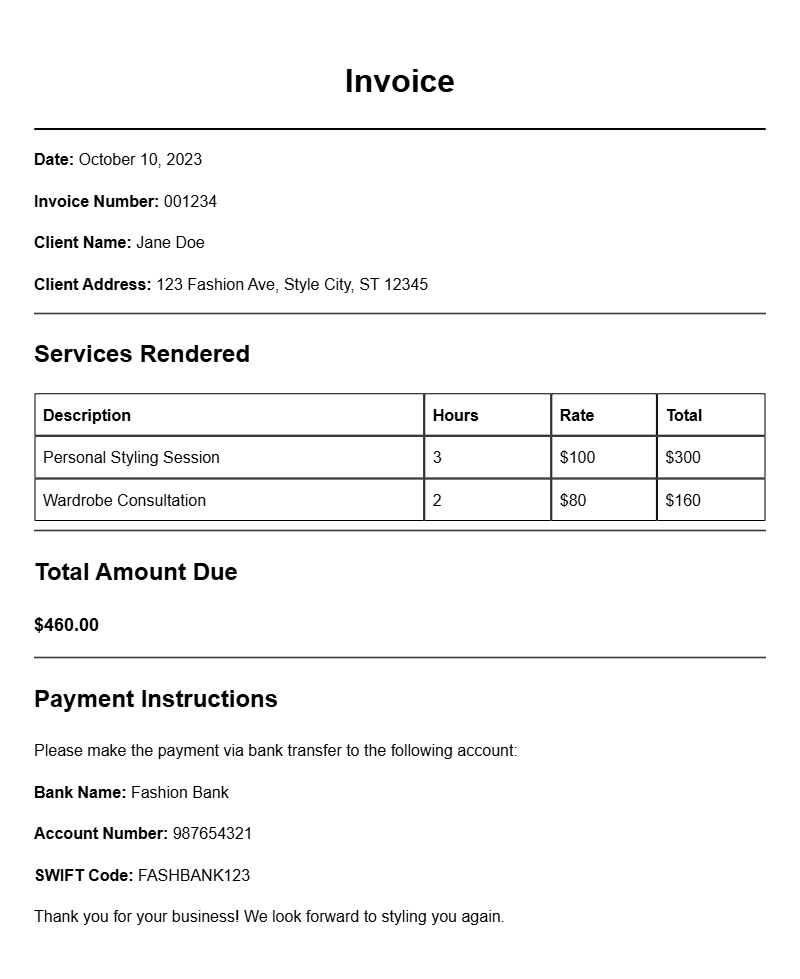 Fashion Stylist Invoice Samples for Your Business Needs
