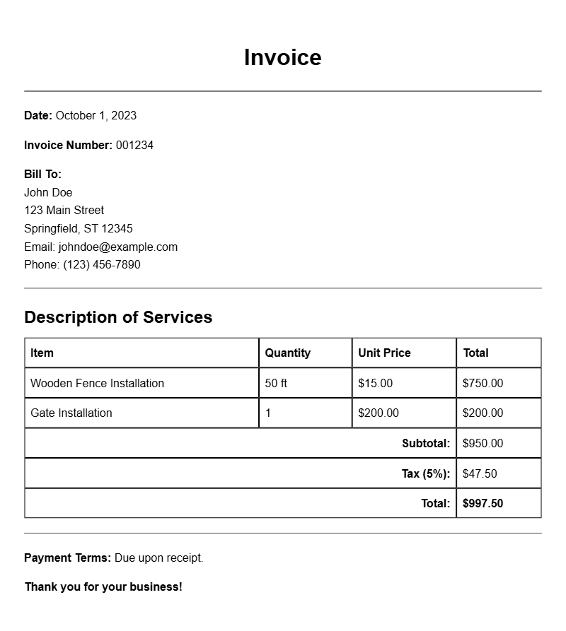 Examples of Fence Installation Invoice Samples
