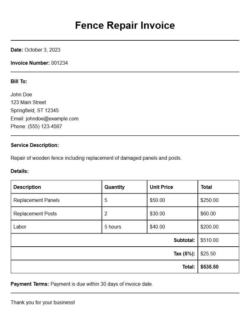 Fence Repair Invoice Templates for Easy Billing