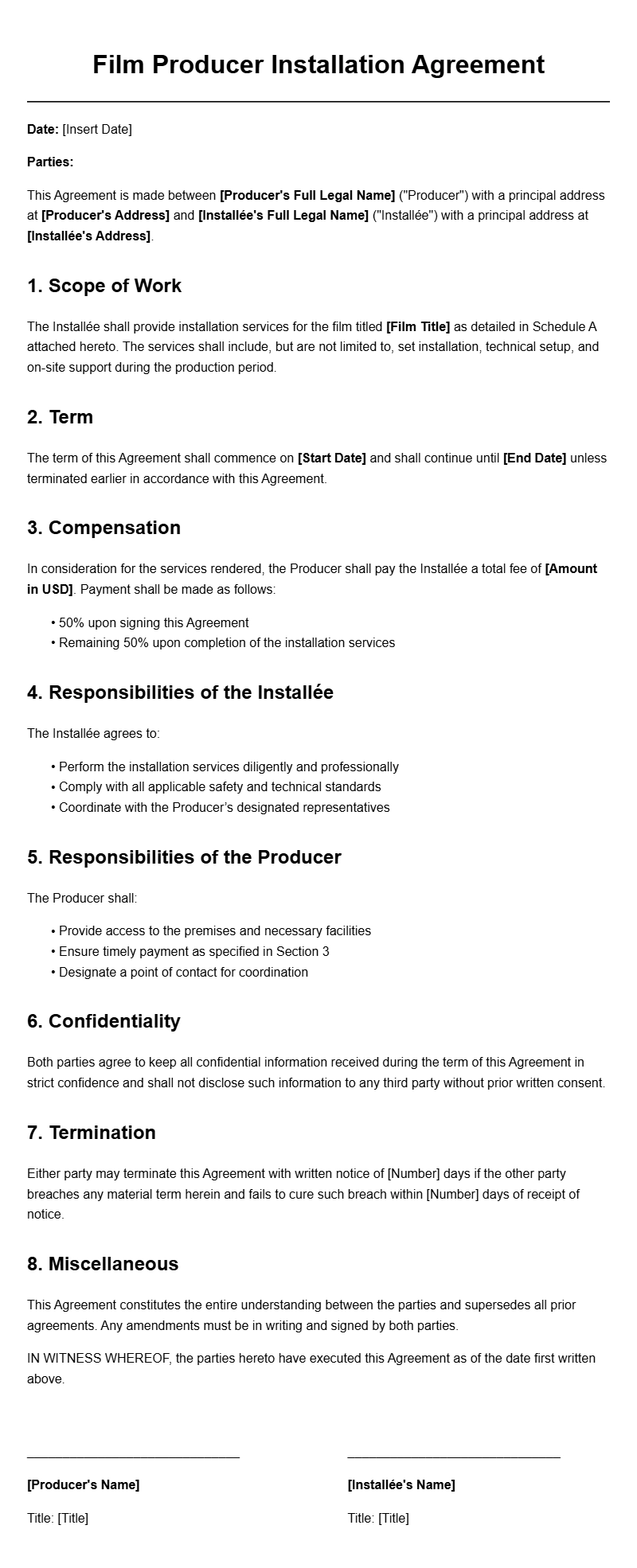 Film Producer Installation Agreement Templates for Smooth Collaboration