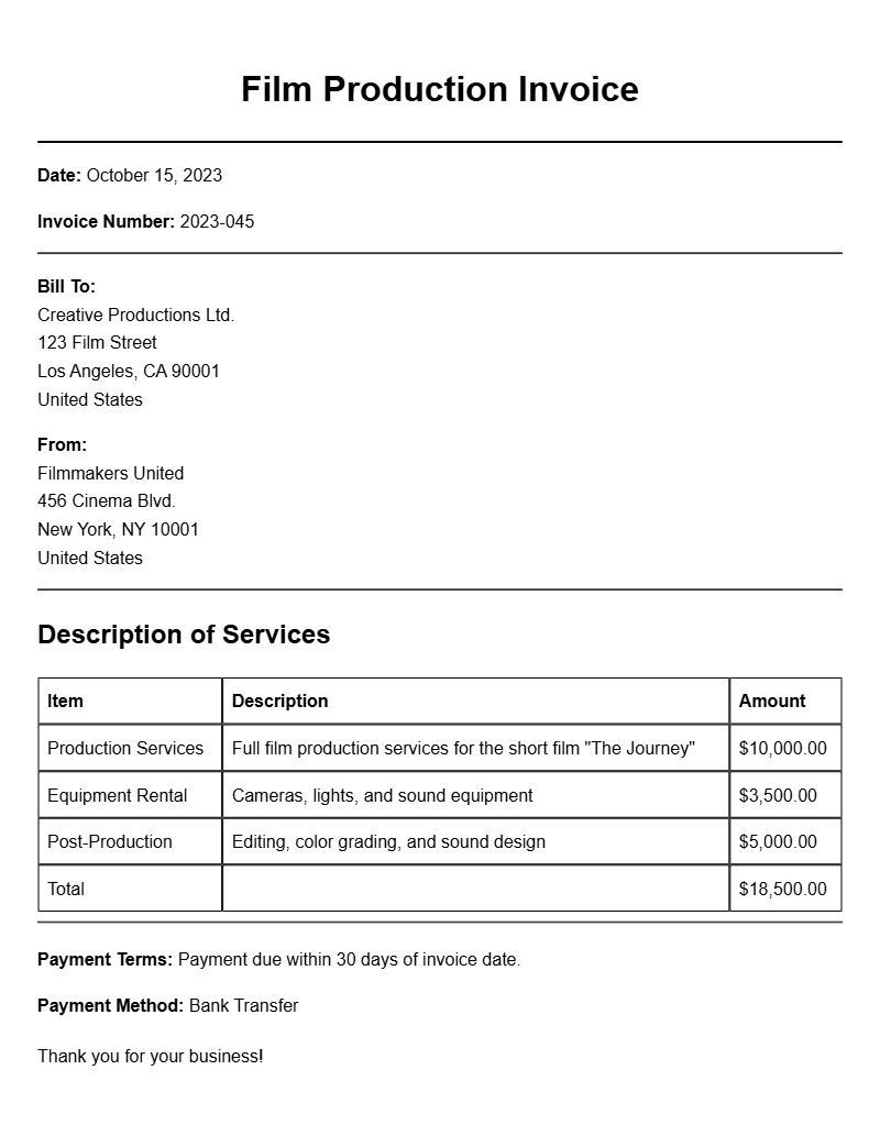 Film Production Invoice Samples for Your Next Project