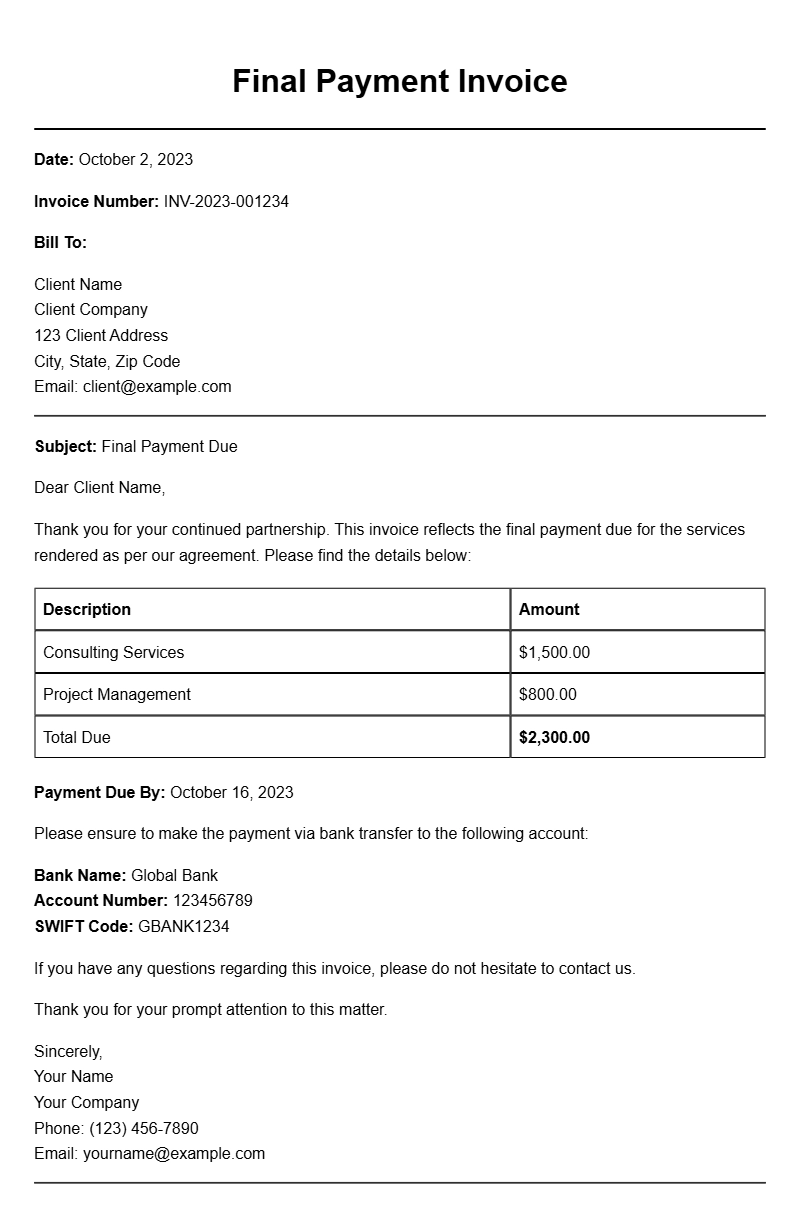 Final Payment Invoice Samples for Your Business Needs