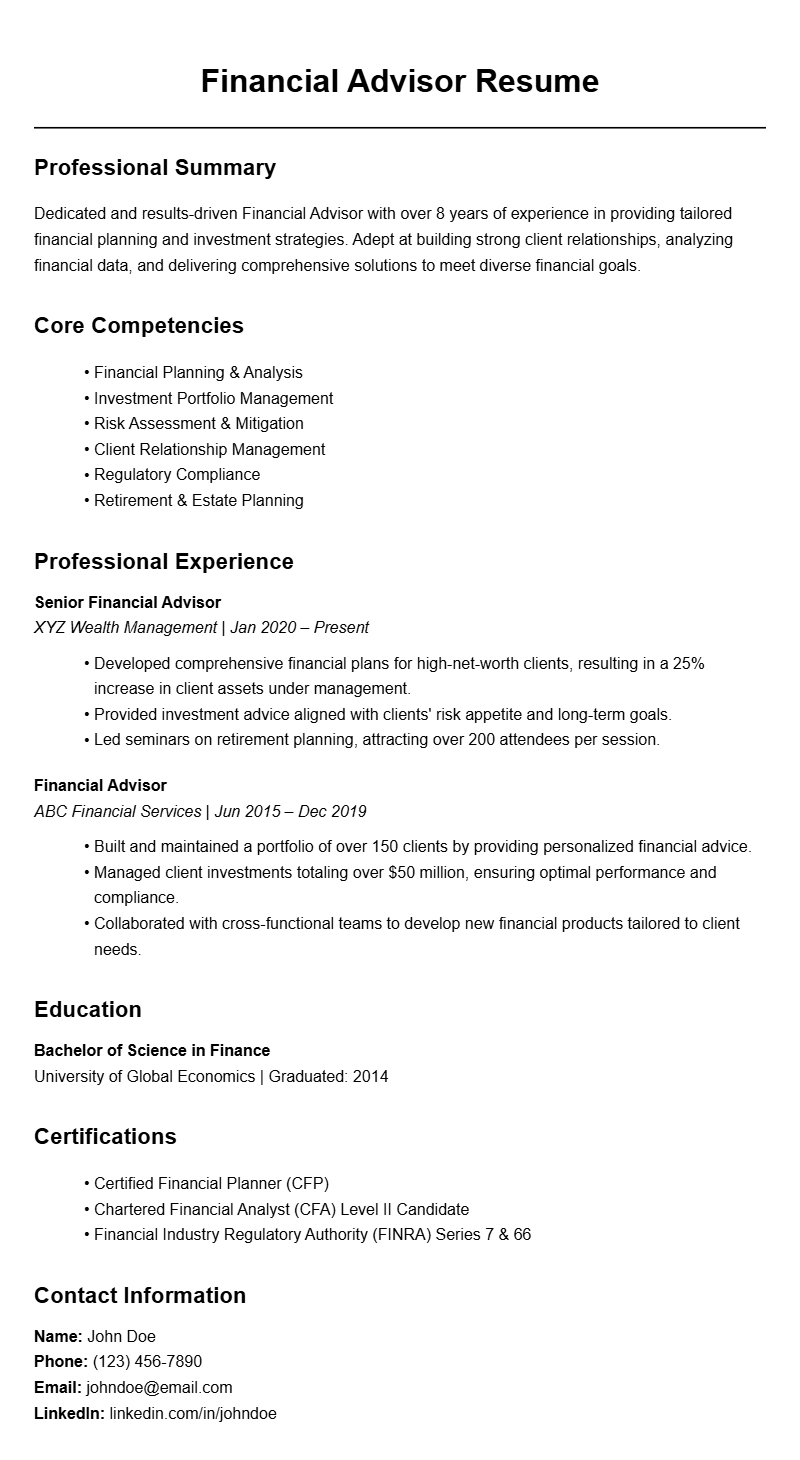 Professional Financial Advisor Resume Templates for Success
