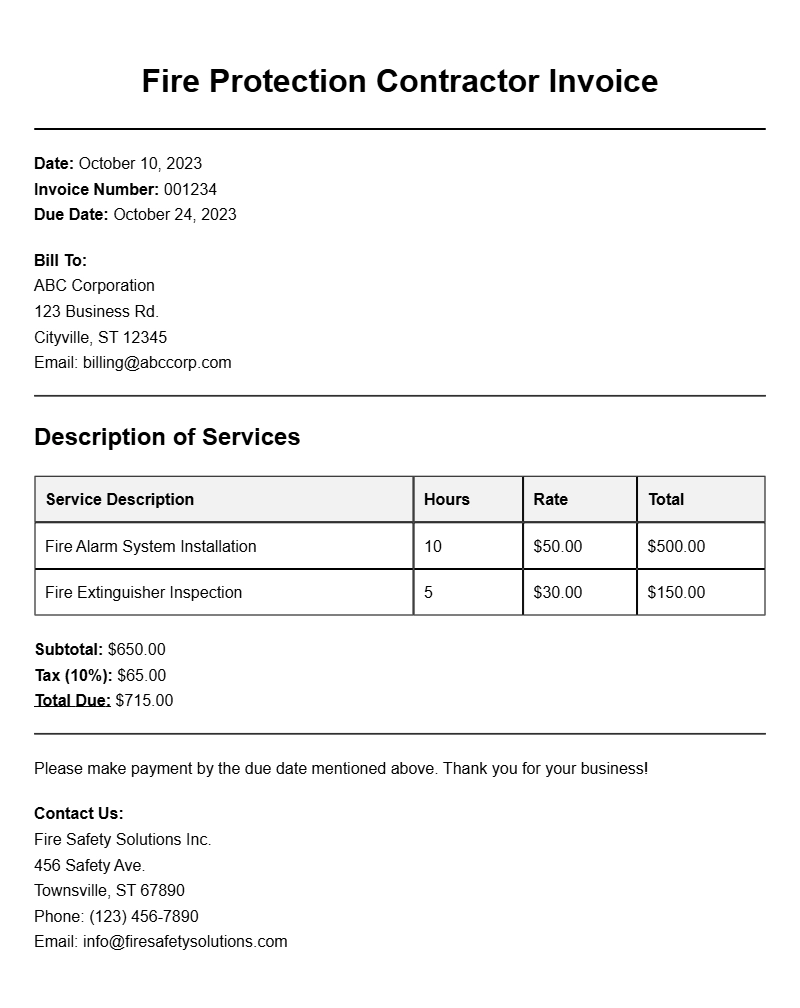 Fire Protection Contractor Invoice Sample Templates