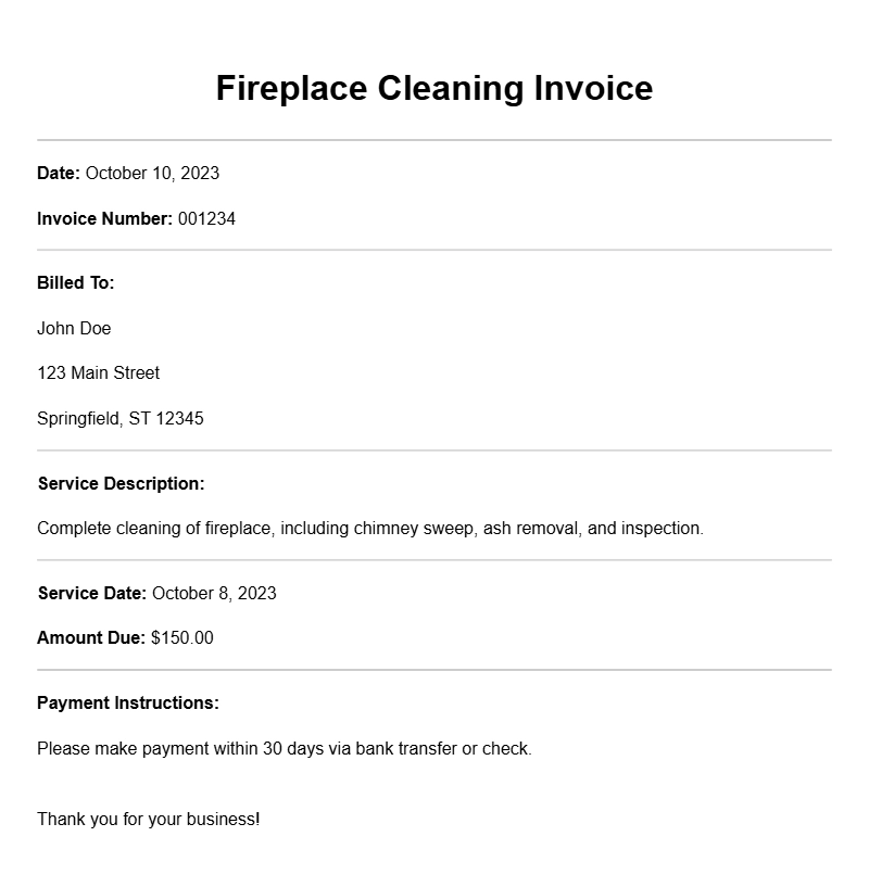 Fireplace Cleaning Invoice Samples for Your Business