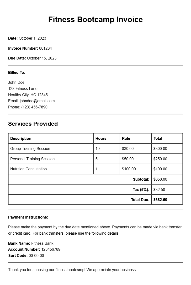 Fitness Bootcamp Invoice Samples for Your Business Needs