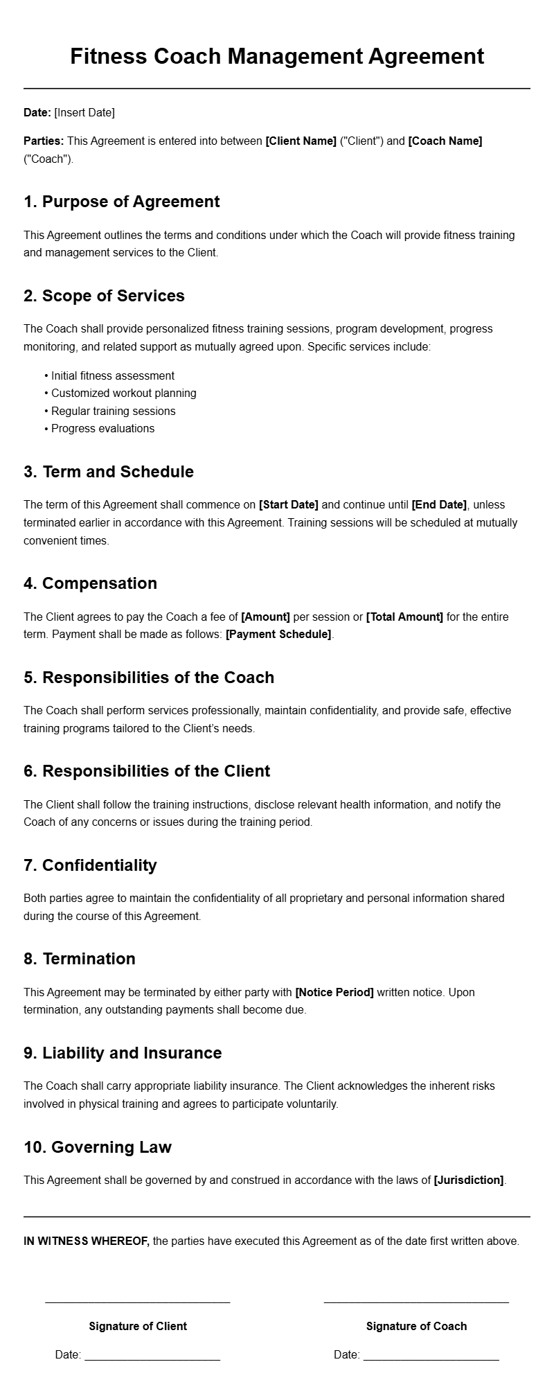 Fitness Coach Management Agreement Templates for Professionals