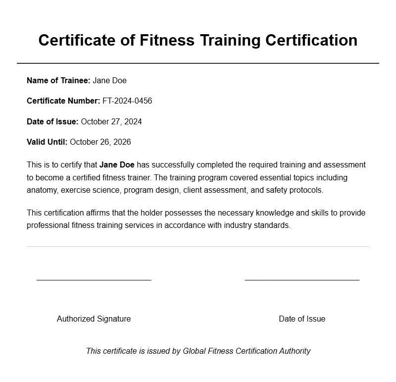 Fitness Trainer Certificate Samples for Professional Certification