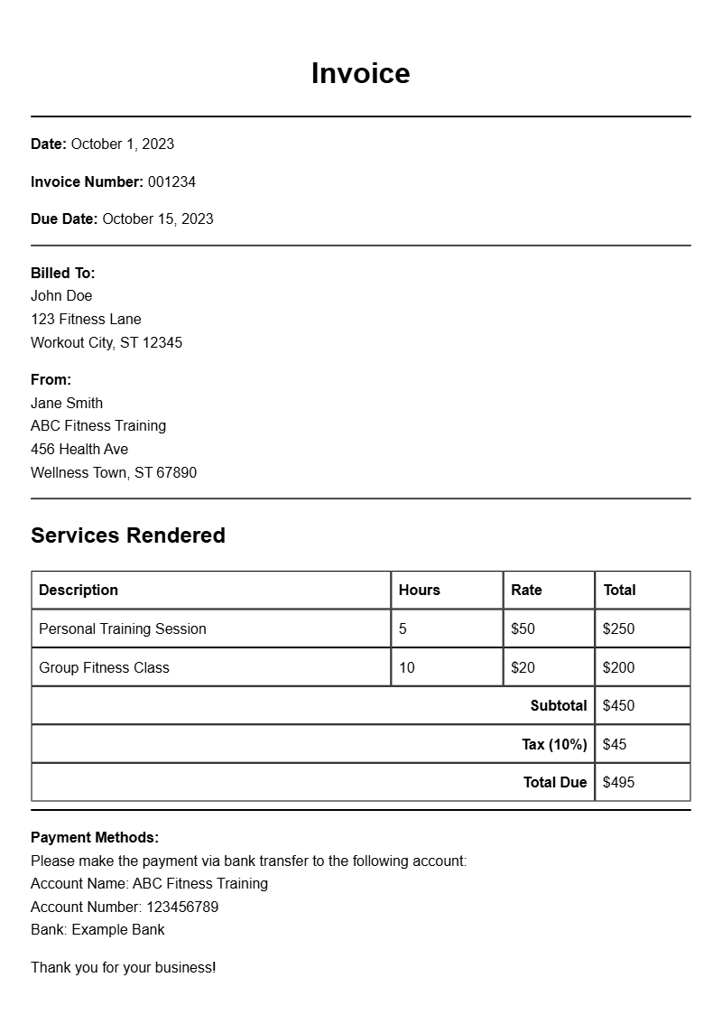 Fitness Trainer Invoice Samples for Your Business Needs