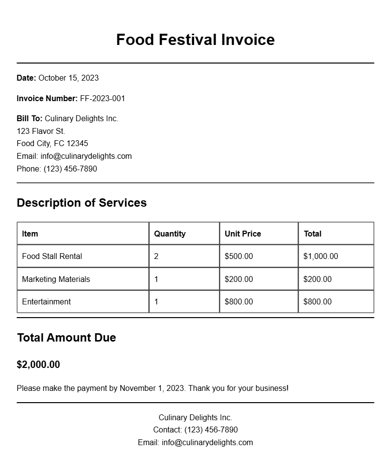 Food Festival Invoice Samples: Easy Templates for Your Event