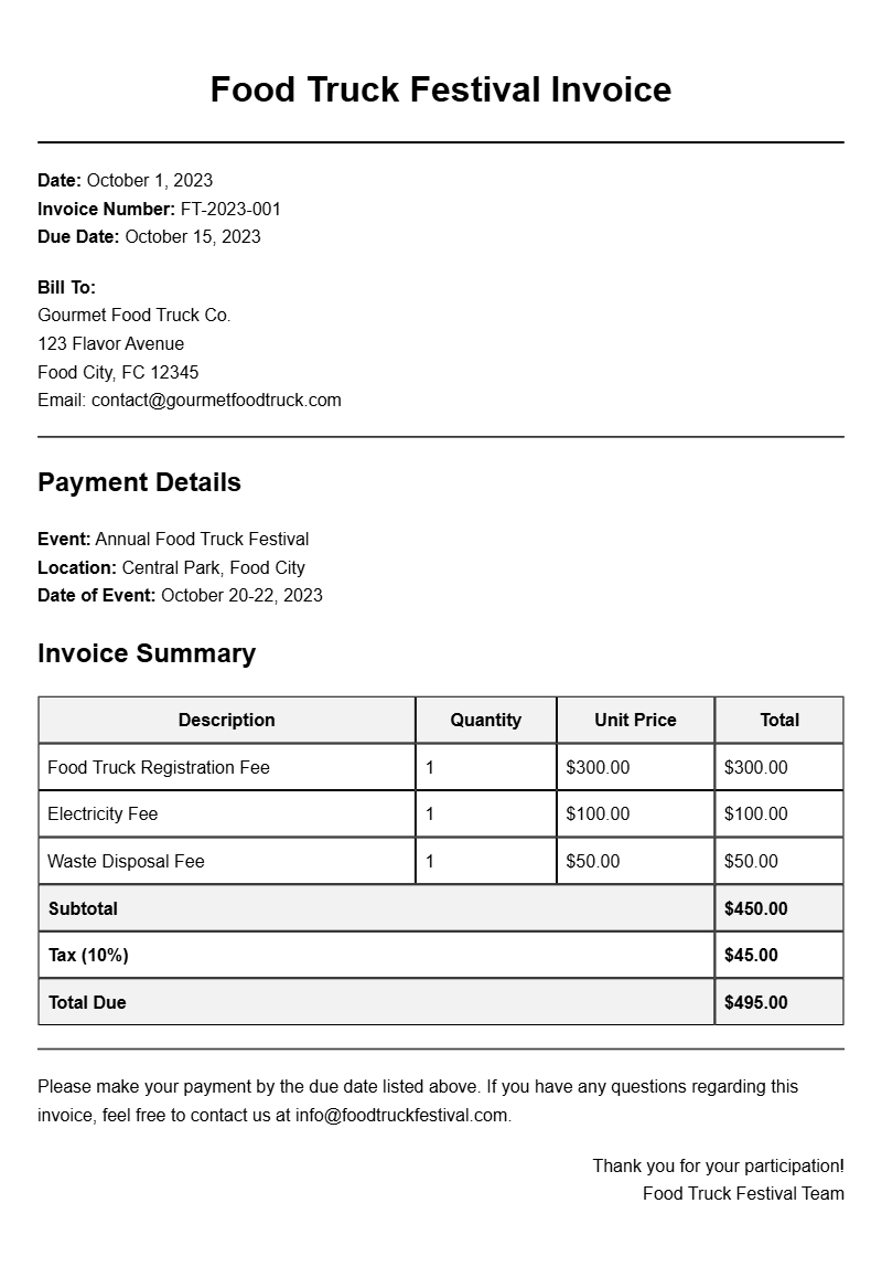 Food Truck Festival Invoice Samples for Easy Reference