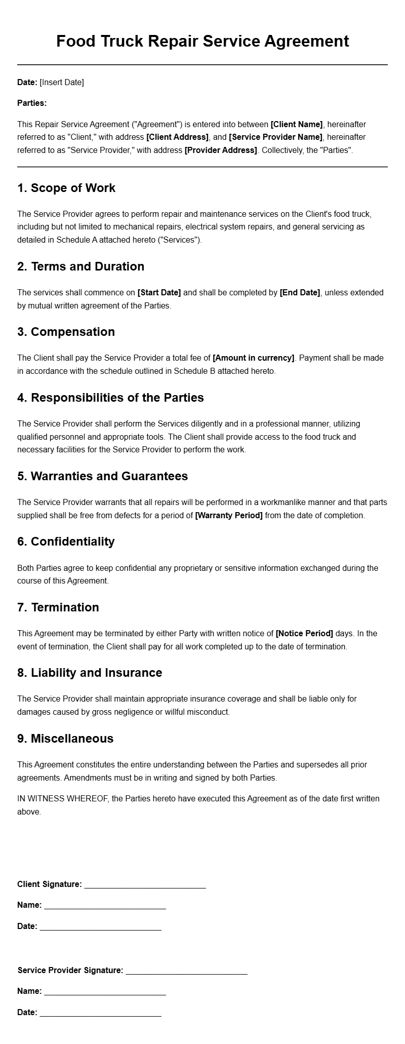 Food Truck Repair Agreement Templates for Easy Setup