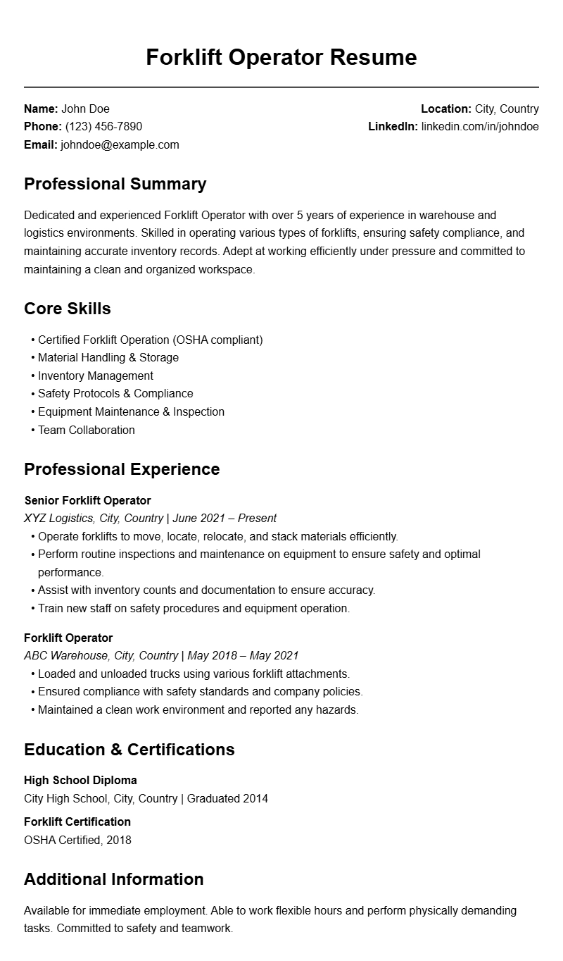 Professional Forklift Operator Resume Templates for Success