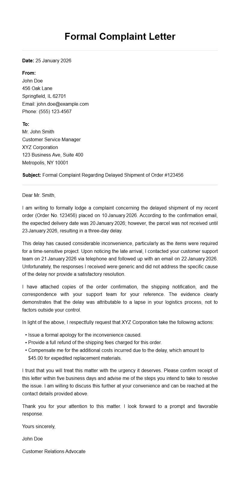 Formal Complaint Letter Samples