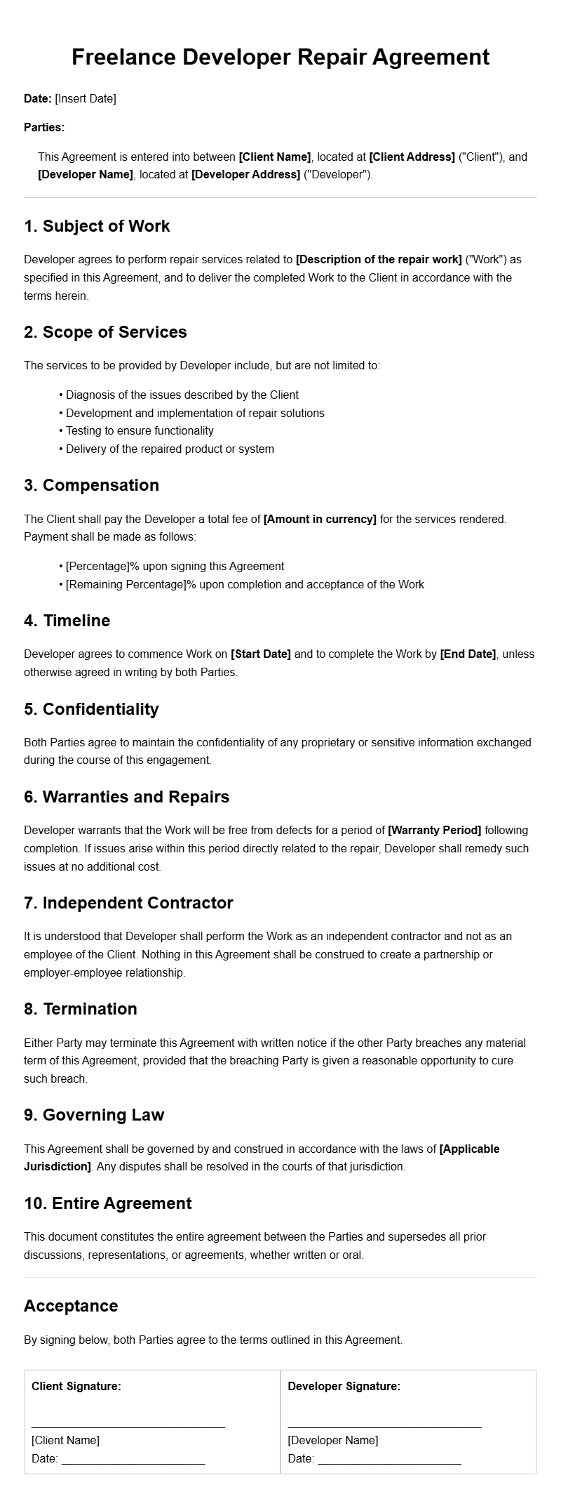 Freelance Developer Repair Agreement Templates