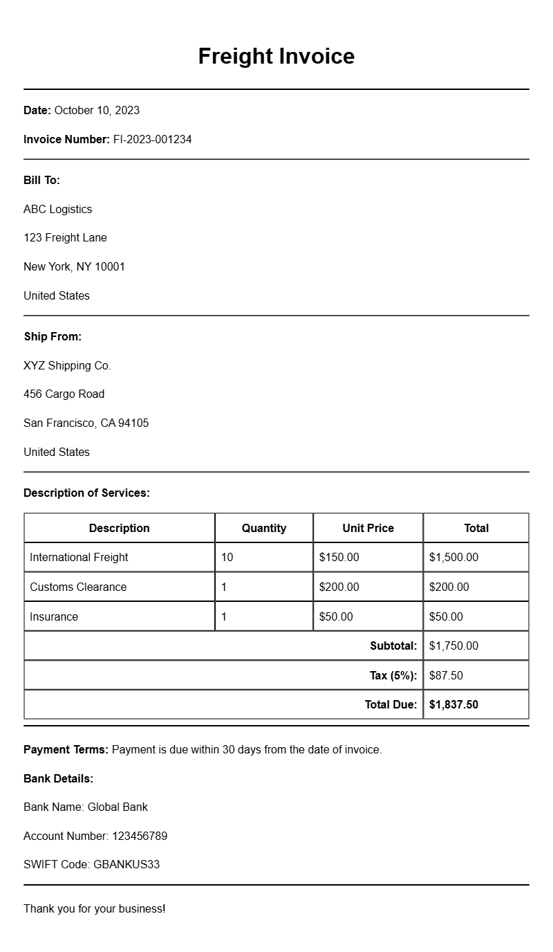 Freight Invoice Samples for Effective Billing Practices