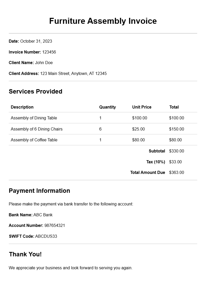 Furniture Assembly Invoice Samples for Easy Reference
