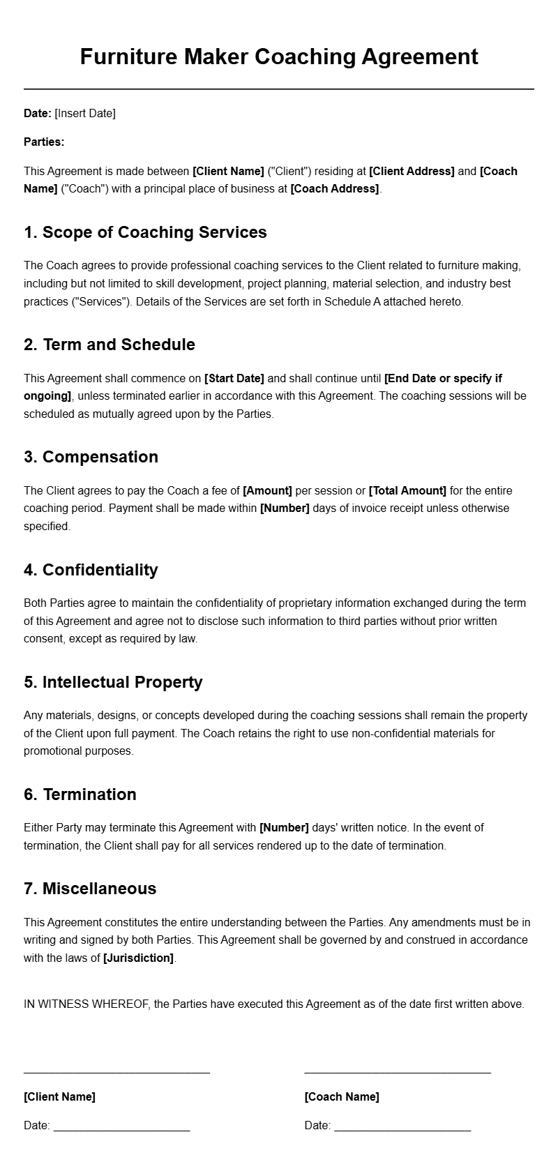 Furniture Maker Coaching Agreement Templates for Smooth Contracts