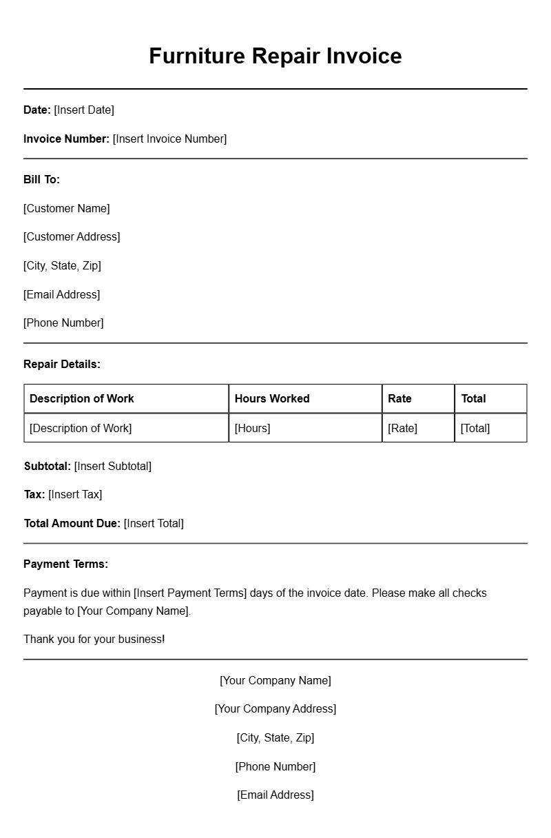 Furniture Repair Invoice Templates for Easy Billing