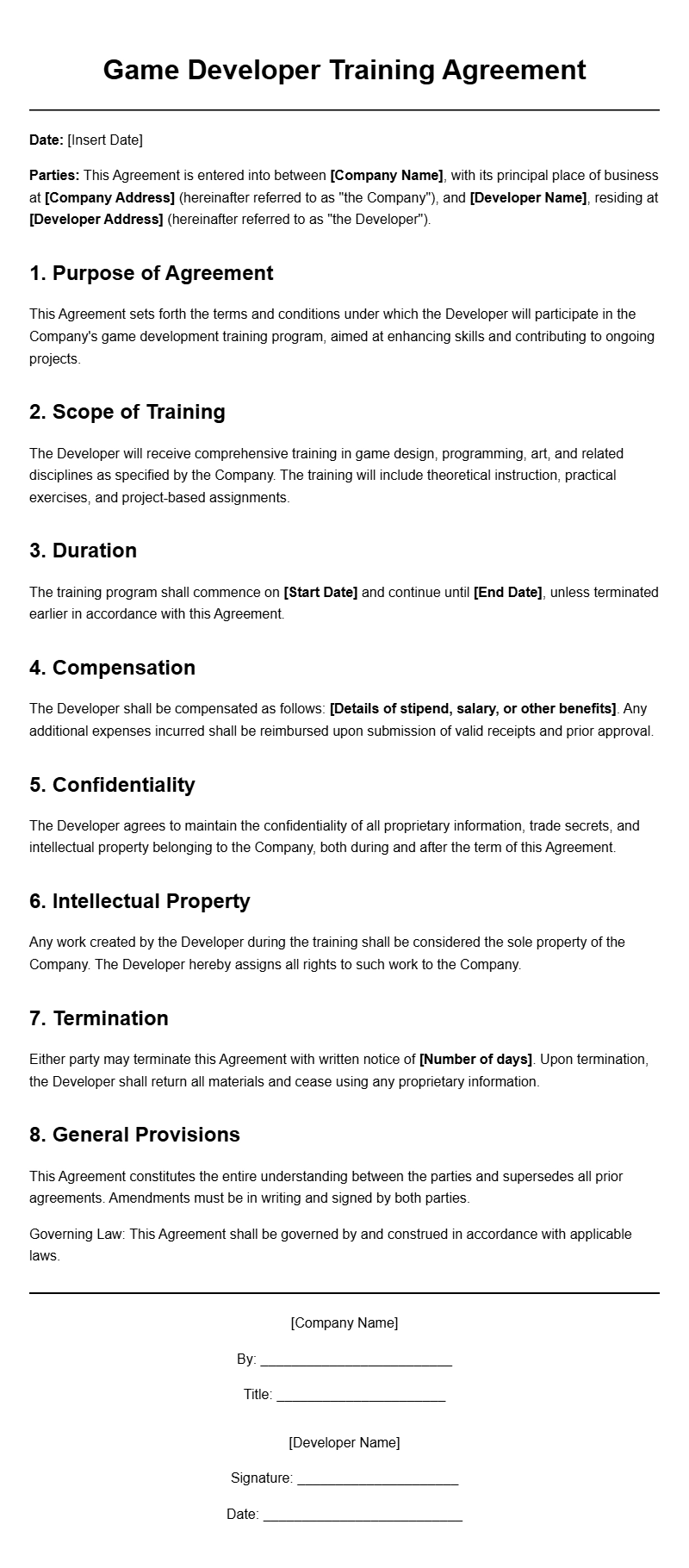 Game Developer Training Agreement Templates for Professionals