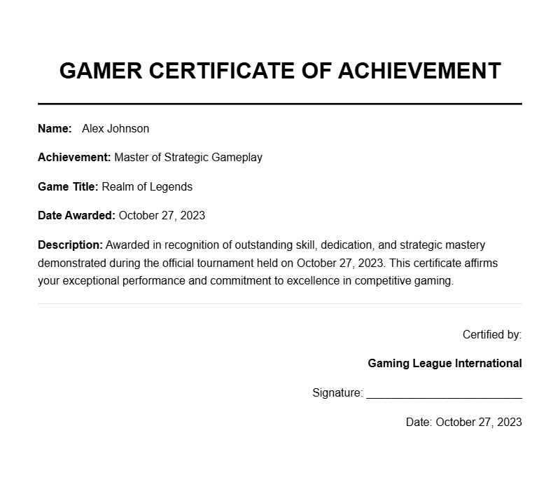 Gamer Certificate Samples for Recognizing Gaming Achievements