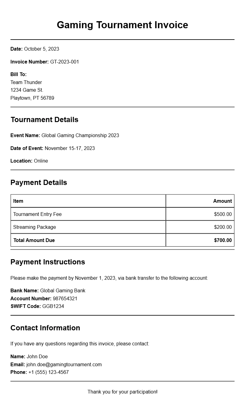 Gaming Tournament Invoice Templates for Easy Billing