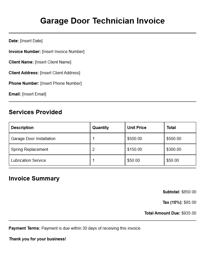 Garage Door Technician Invoice Templates for Easy Billing