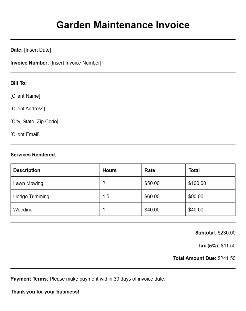 Garden Maintenance Invoice Templates for Easy Billing