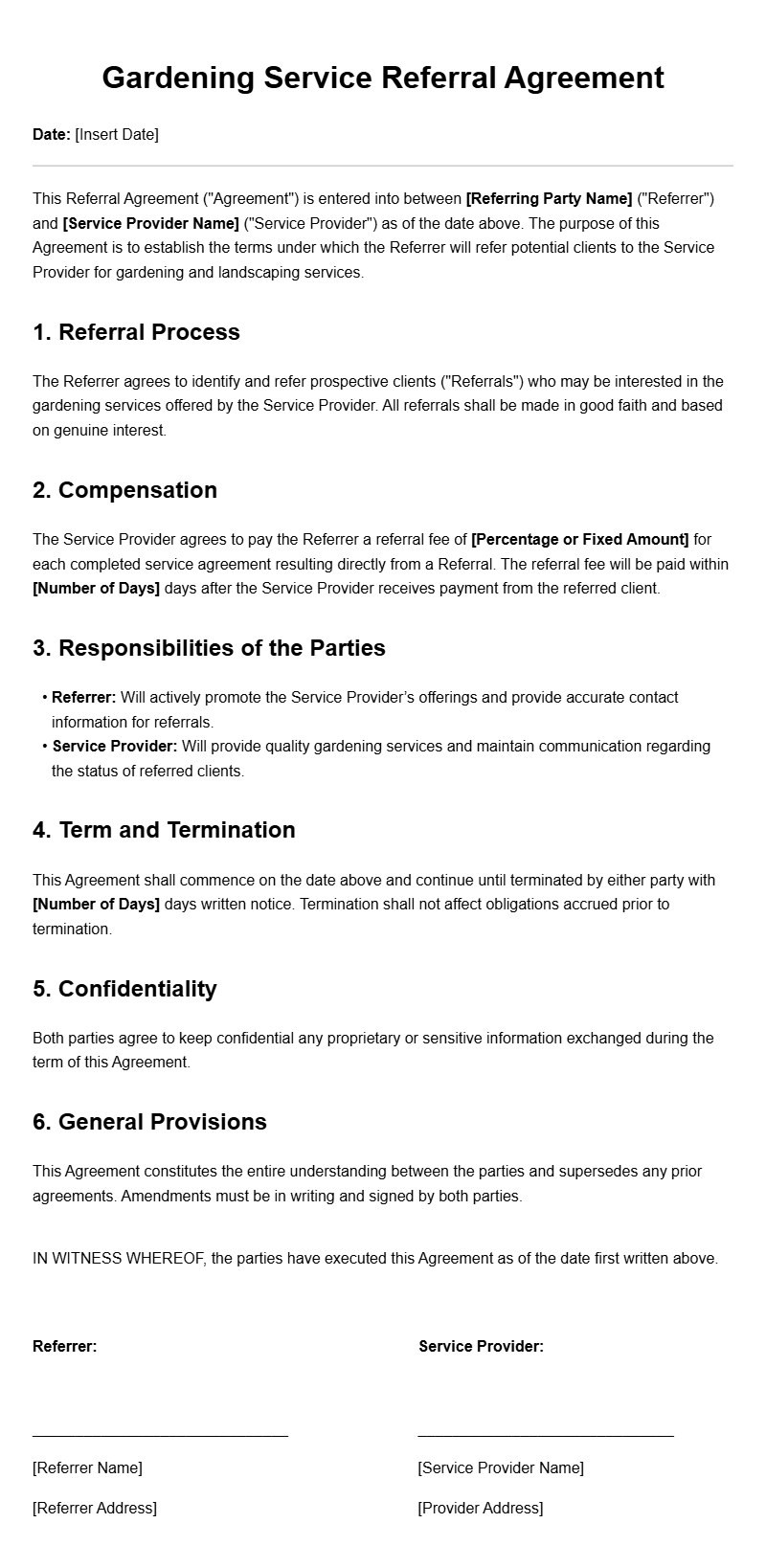 Gardening Service Referral Agreement Templates