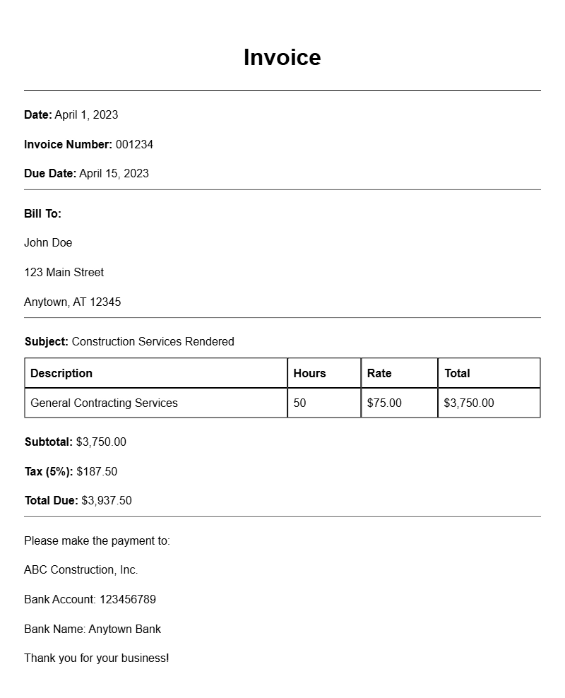 General Contractor Invoice Samples for Your Business Needs