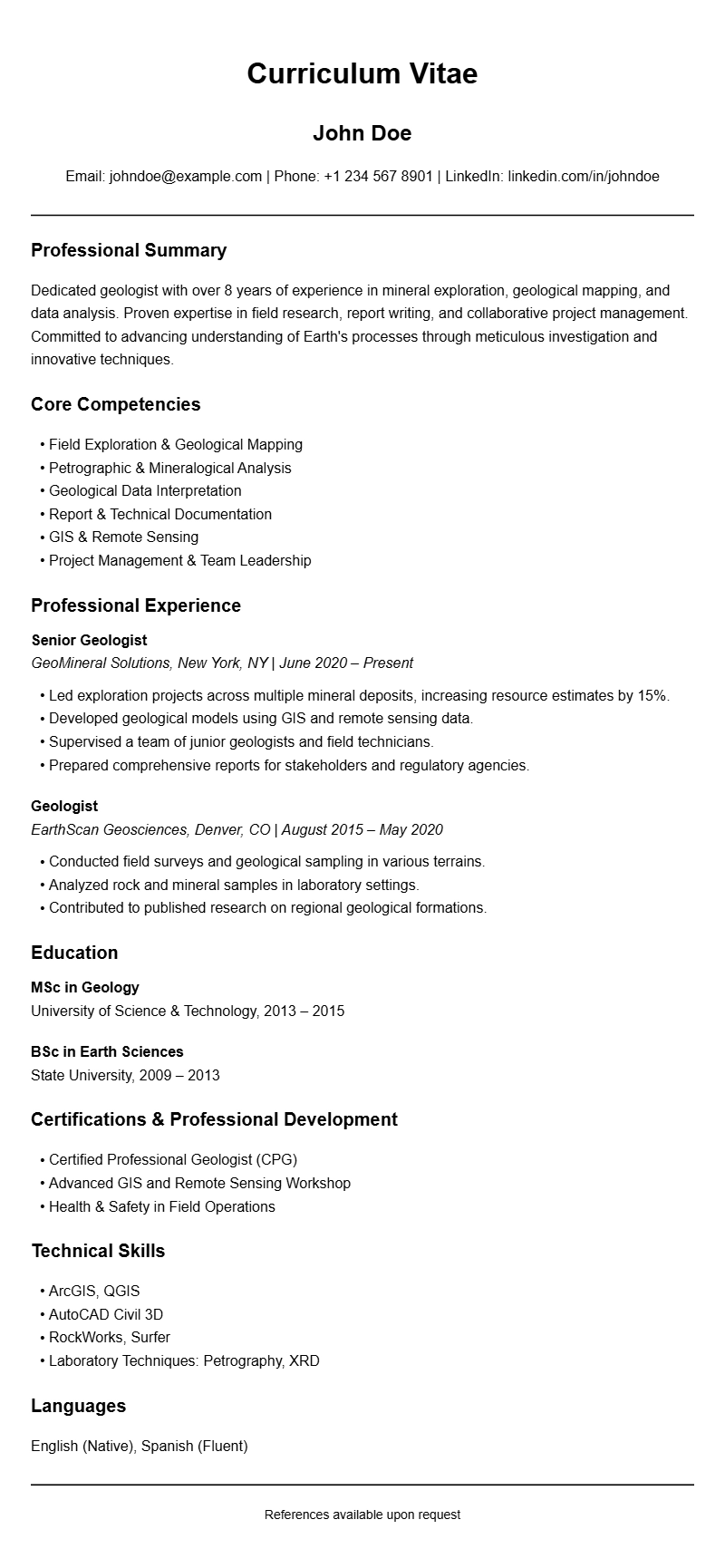 Professional Geologist Resume Templates to Showcase Your Skills