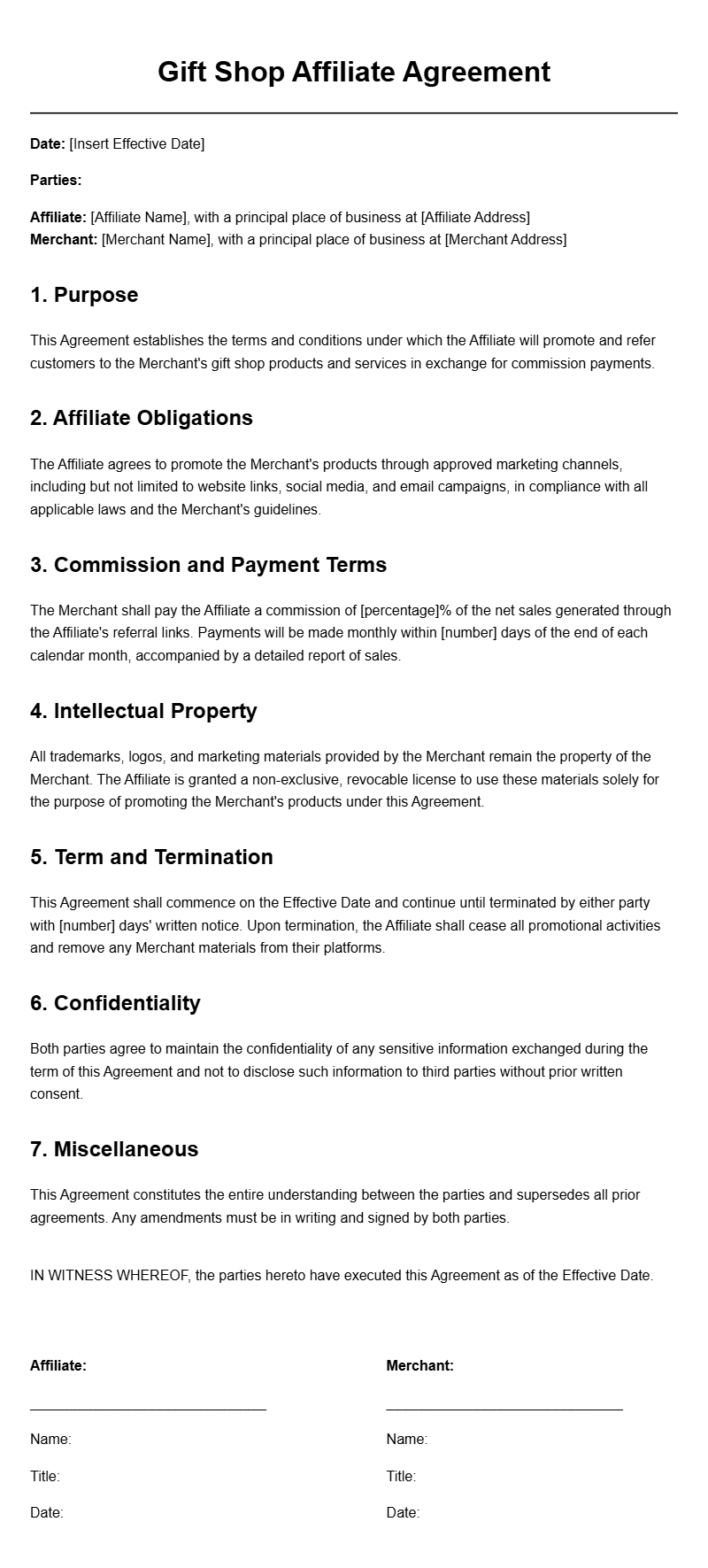 Gift Shop Affiliate Agreement Templates for Seamless Partnerships