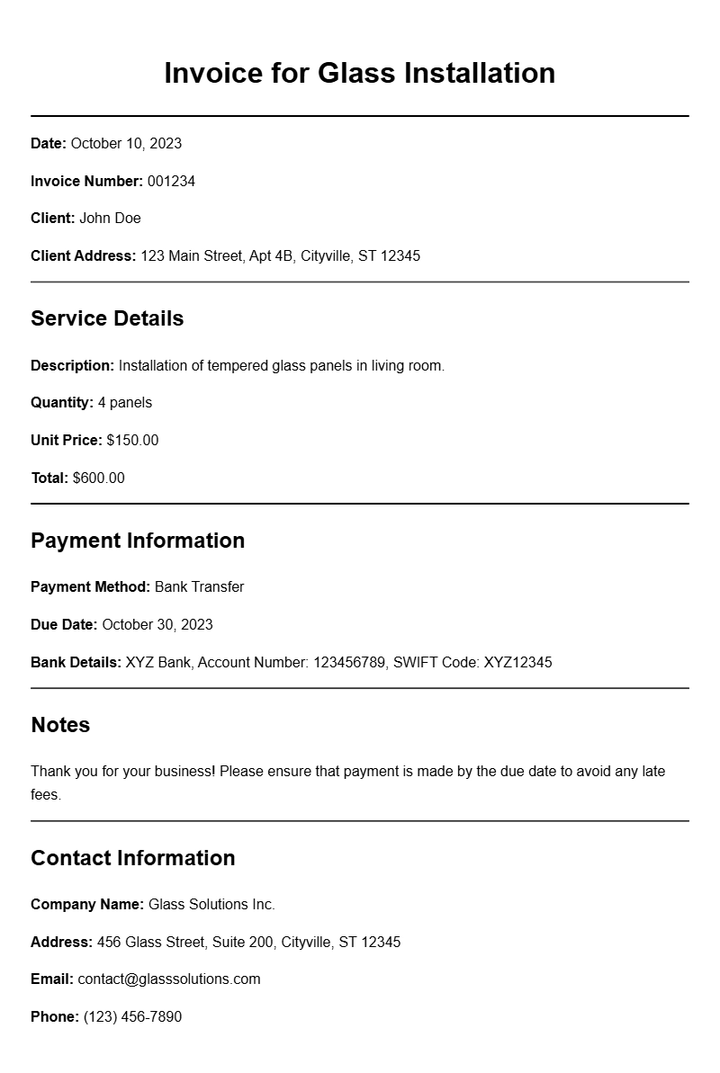 Glass Installation Invoice Samples for Your Business Needs