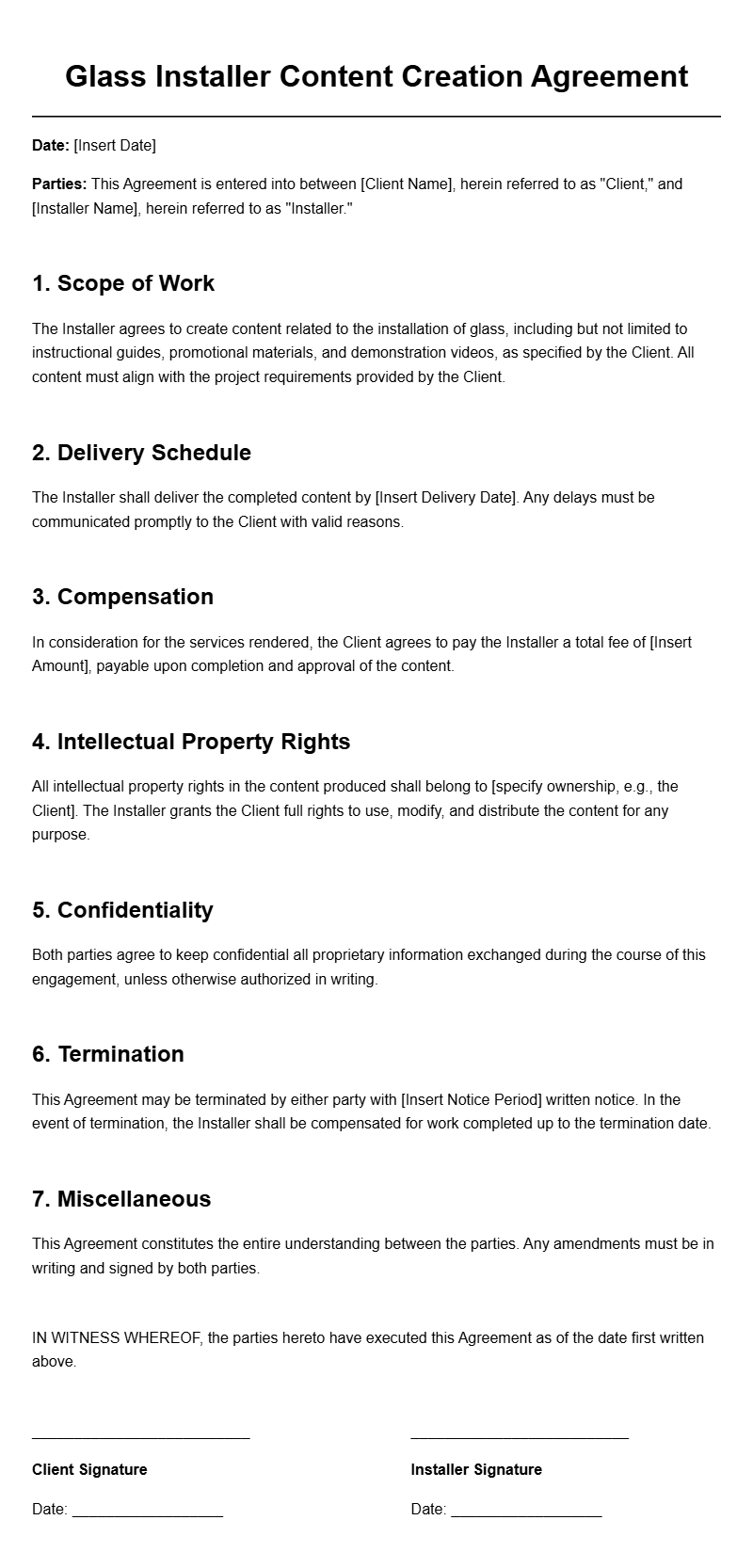 Glass Installer Content Creation Agreement Templates