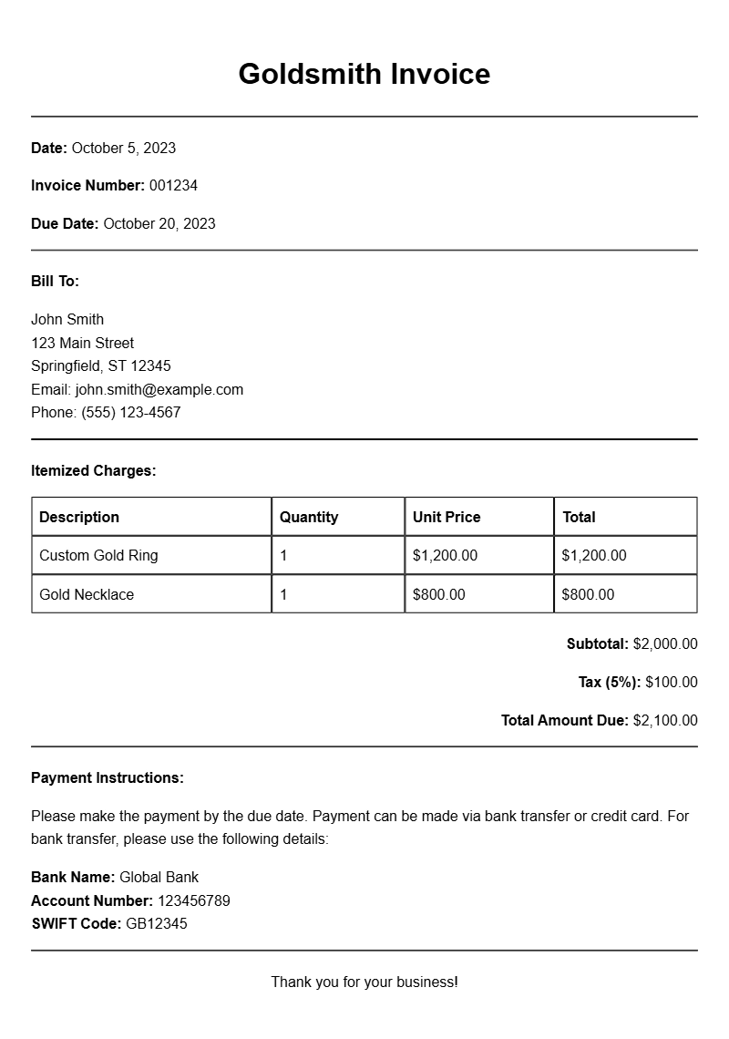 Goldsmith Invoice Samples for Your Business Needs