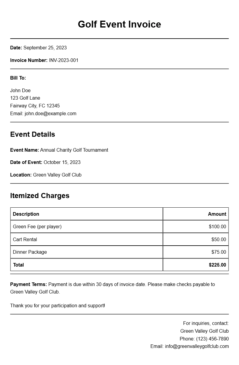 Golf Event Invoice Templates for Seamless Billing Solutions