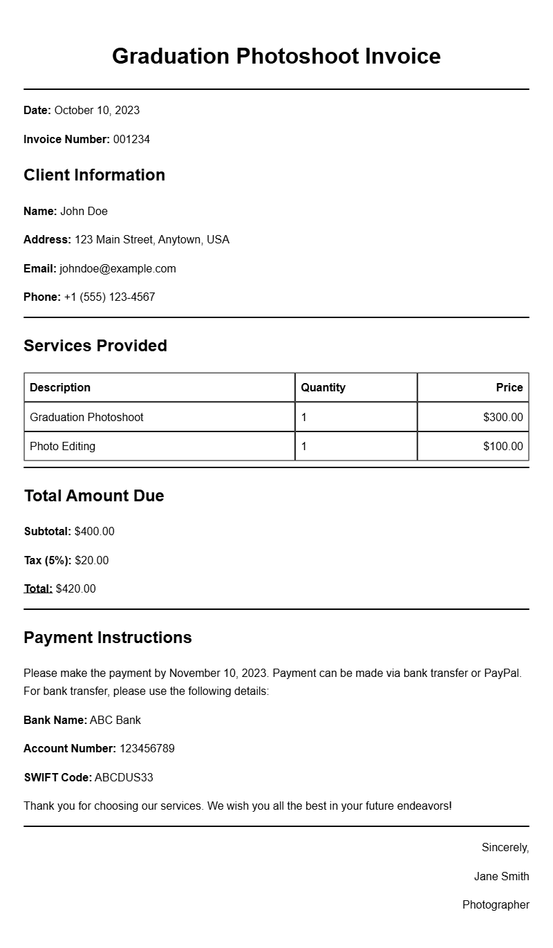 Graduation Photoshoot Invoice Samples for Photographers