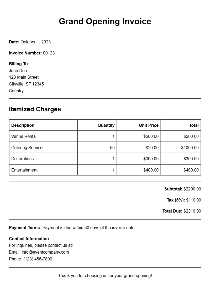 Grand Opening Invoice Samples for Your New Business
