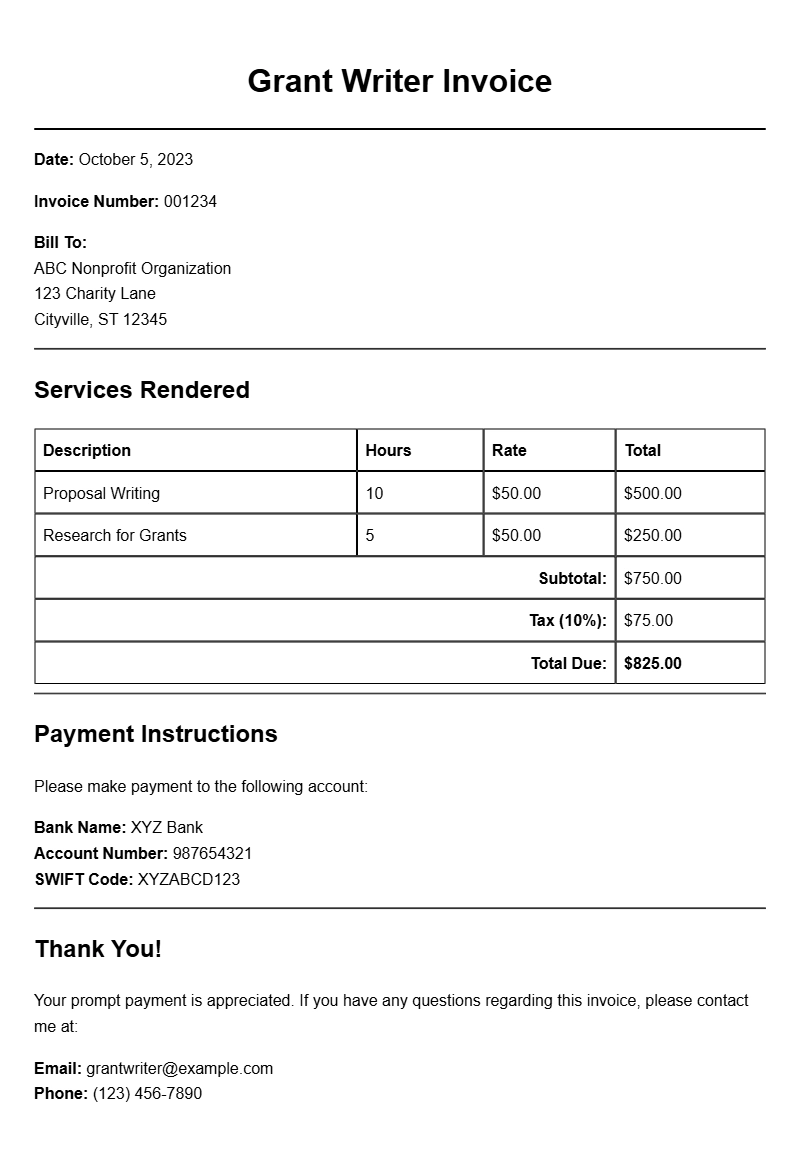 Grant Writer Invoice Samples for Your Reference