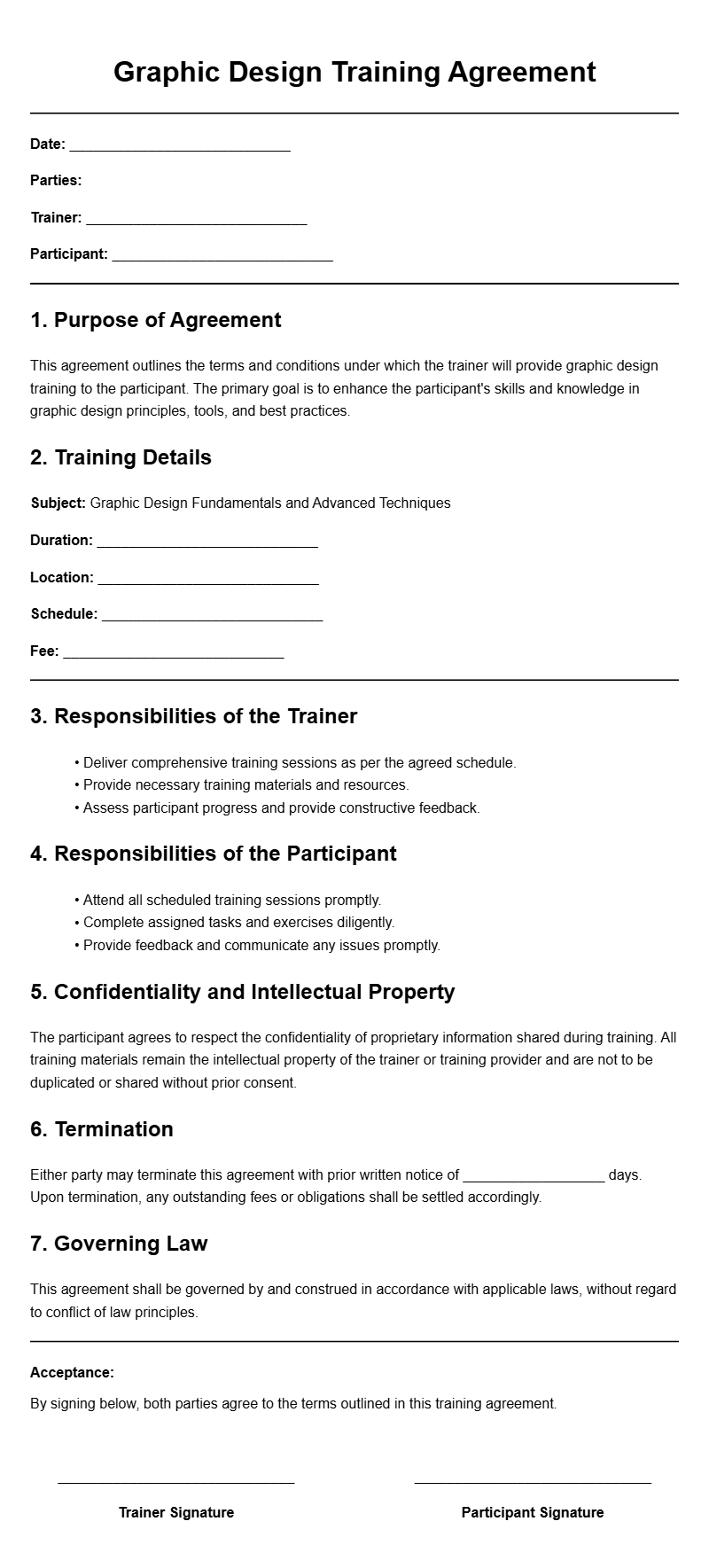 Graphic Designer Training Agreement Templates for Professionals