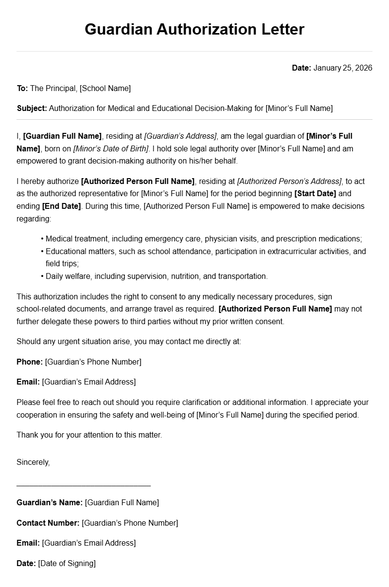 Guardian Authorization Letter Samples