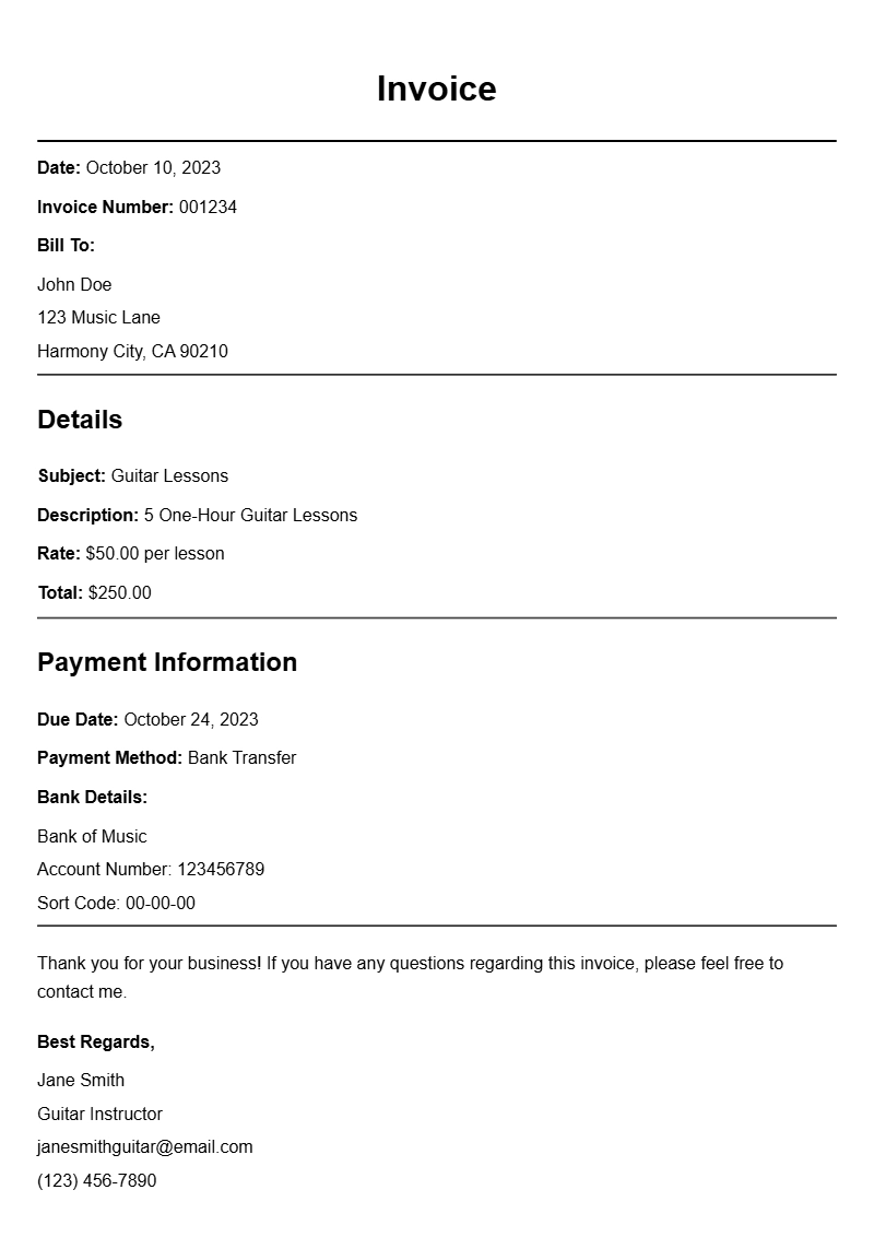 Guitar Teacher Invoice Samples for Easy Billing