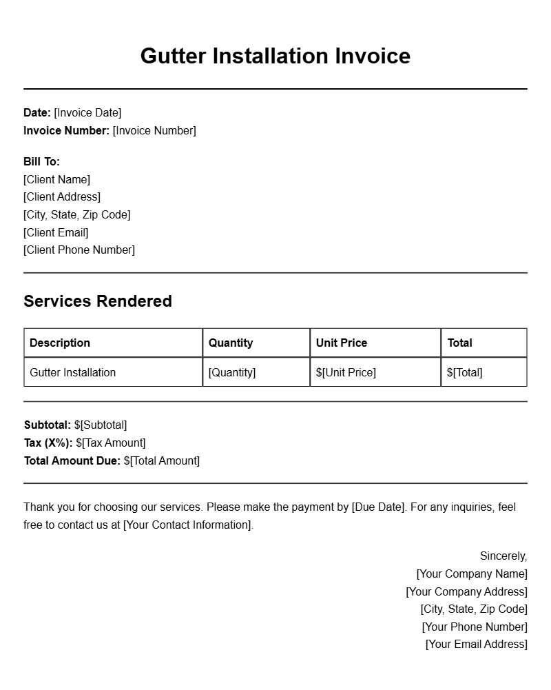 Gutter Installer Invoice Templates for Professional Use