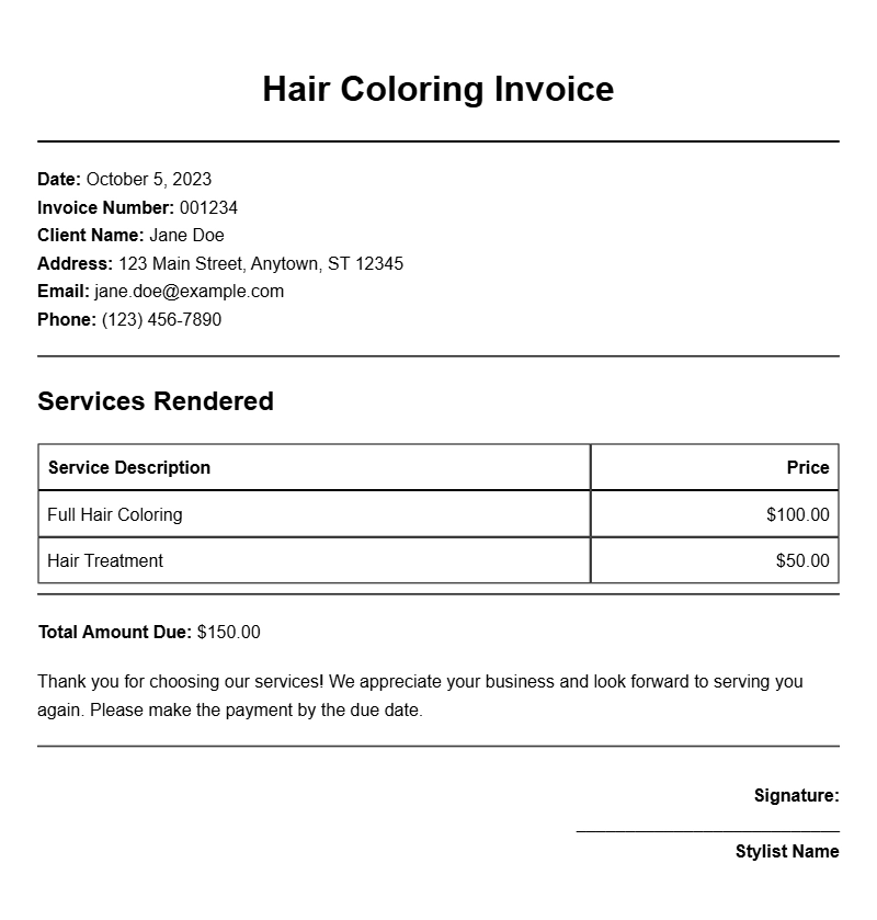 Hair Coloring Invoice Templates for Your Salon Business