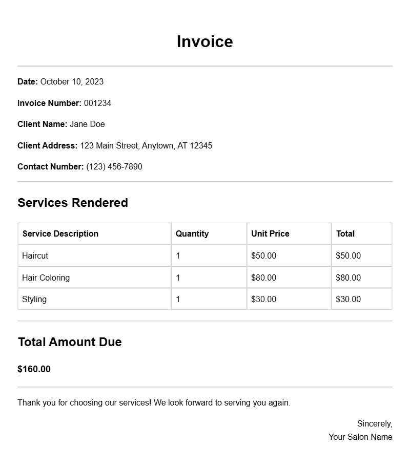 Hair Styling Invoice Samples for Your Salon Business