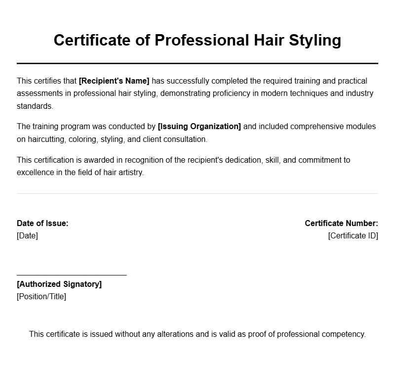 Professional Hair Stylist Certificate Templates for Recognition