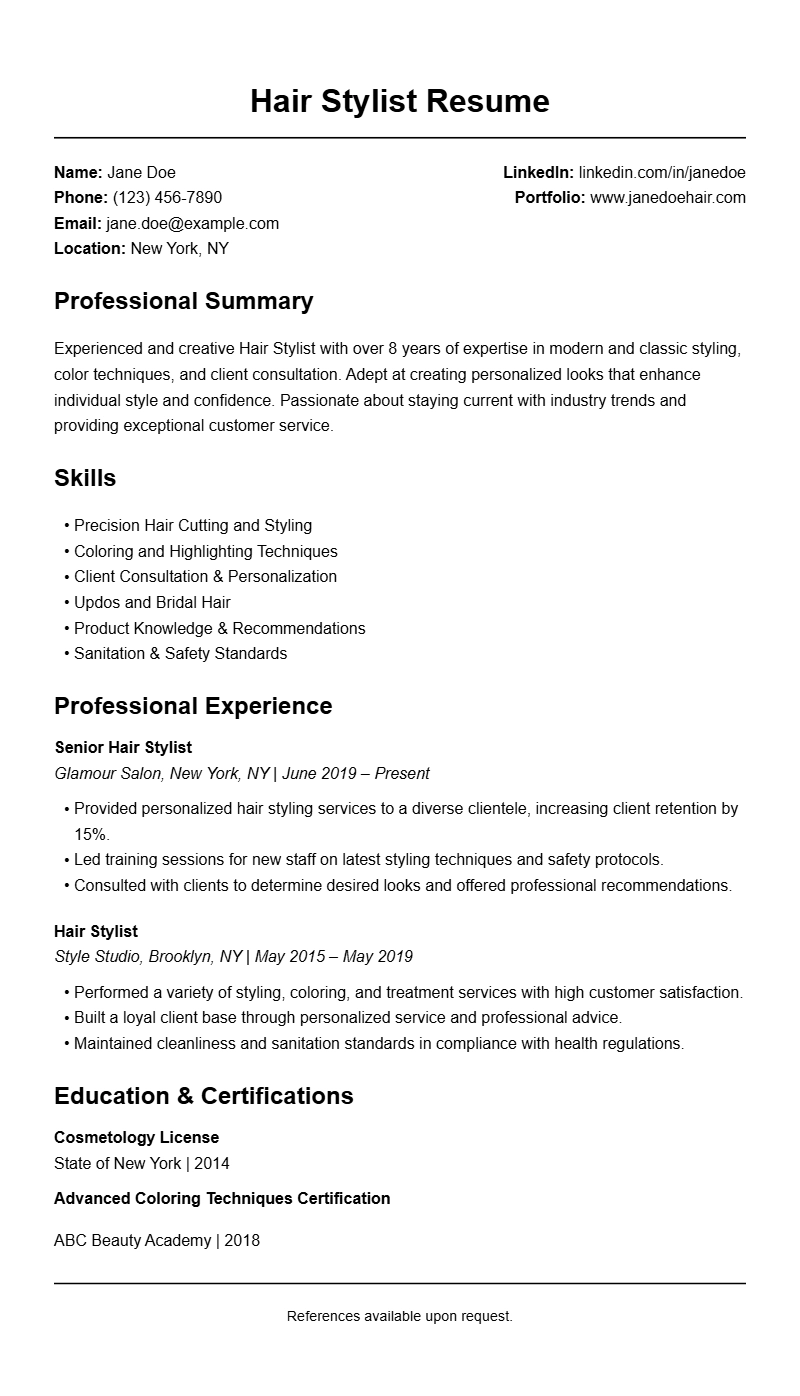 Professional Hair Stylist Resume Templates for Your Job Search