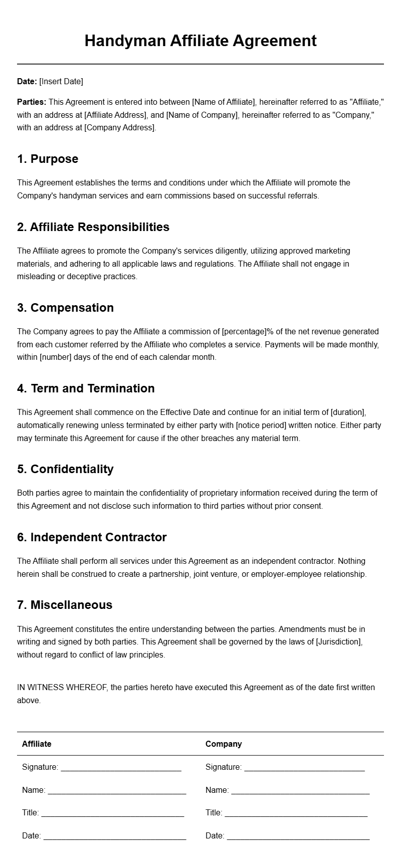 Handyman Affiliate Agreement Templates for Easy Partnerships