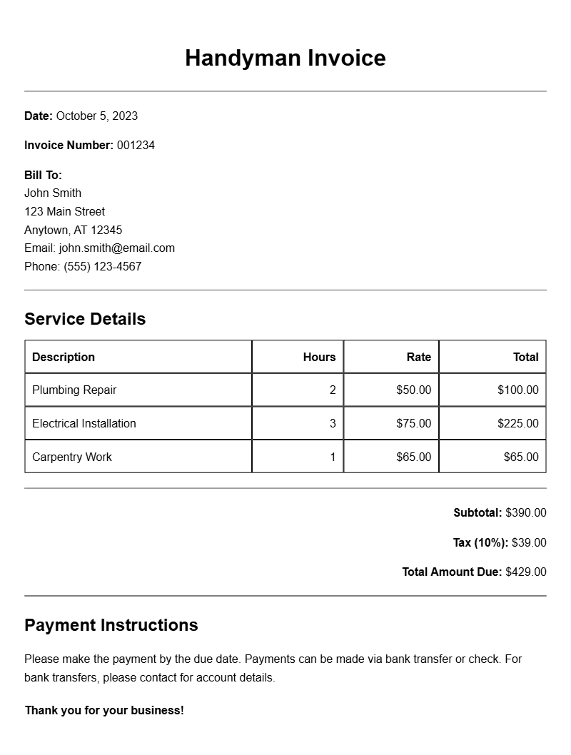 Handyman Invoice Samples for Your Business Needs